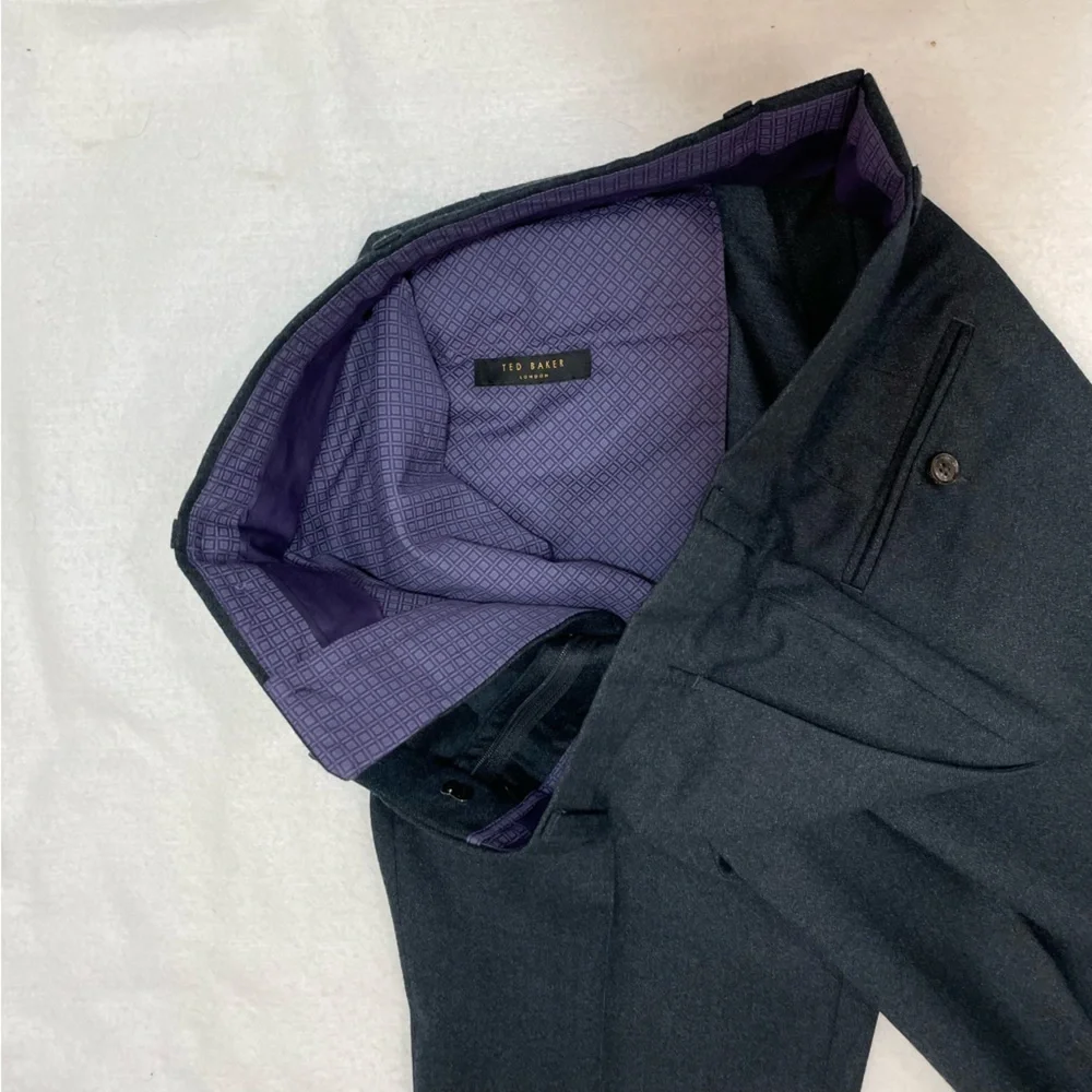 Ted Baker 100% wool dark blue flat front classic trousers, 34/29 purple lining